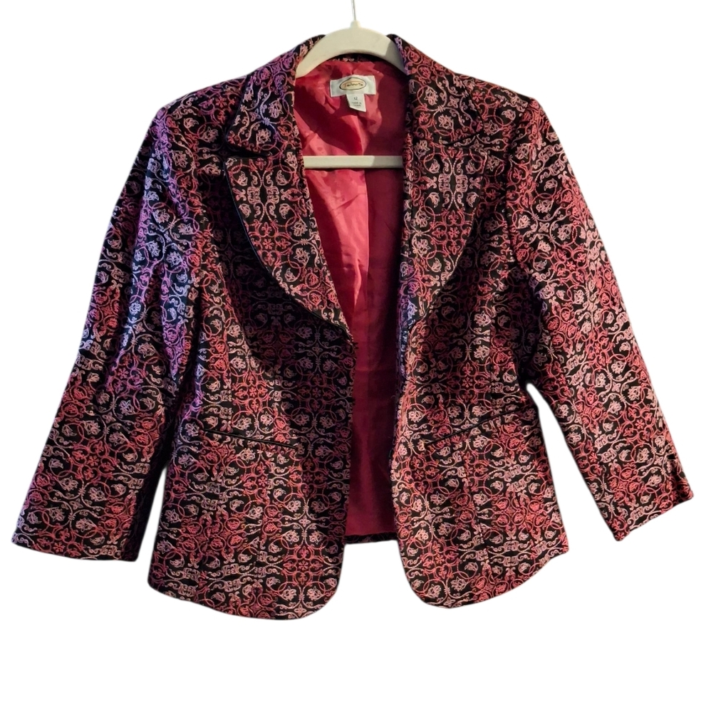 Talbots Blazer Women 12 Floral Embroidered Career Collared Pink Cotton springDi